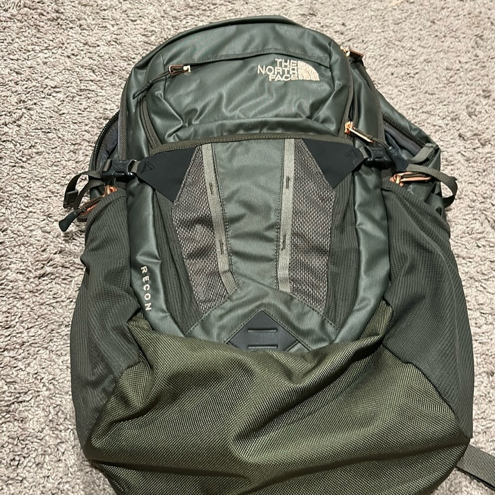 Olive Green and Rose Gold North Face backpack